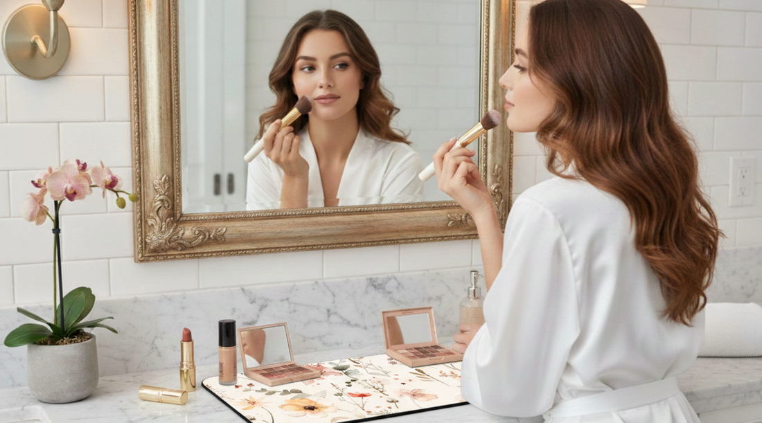 floral makeup mat protecting bathroom countertop from makeup mess