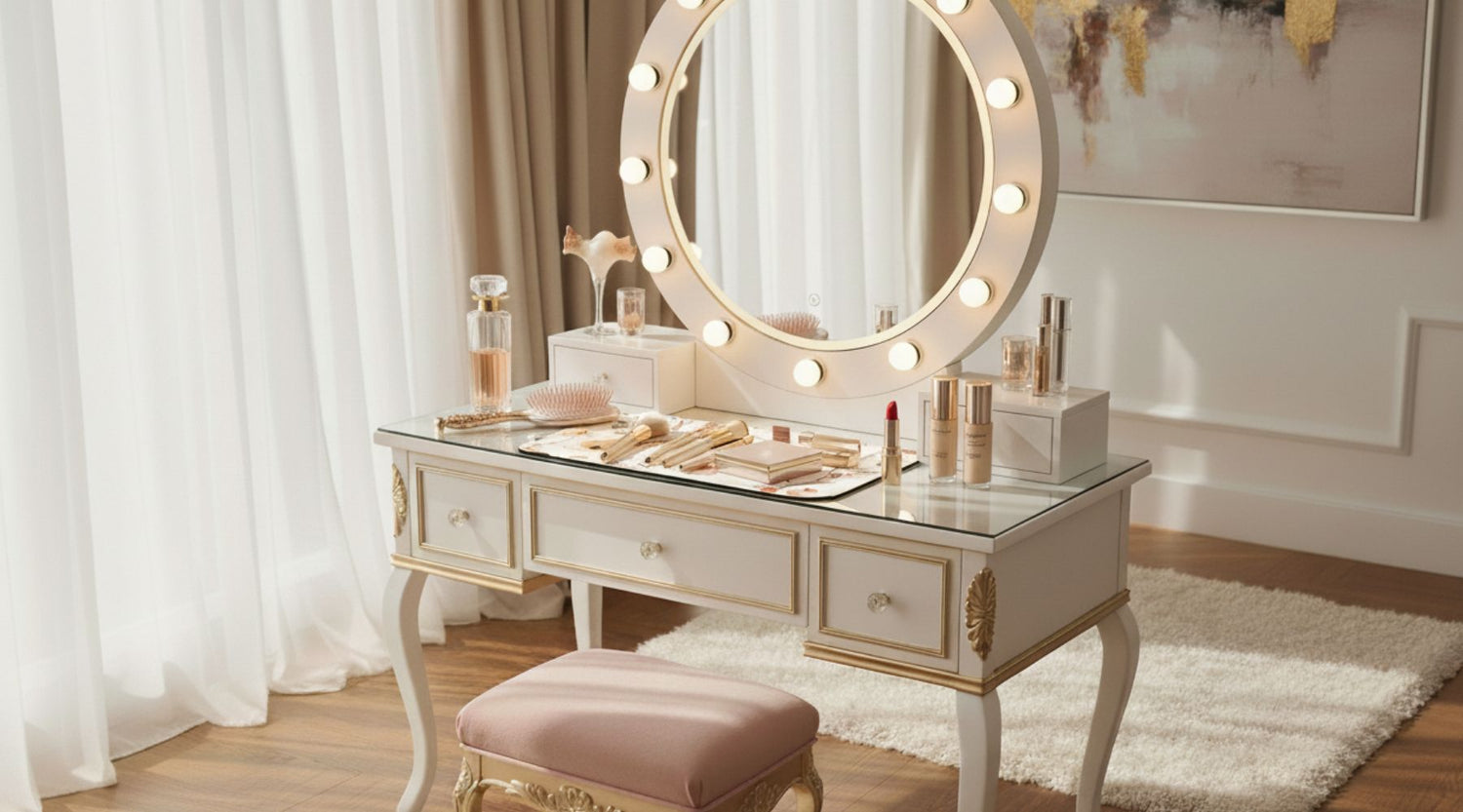 Makeup mat on clean organized vanity setup representing beauty guides for maintaining a clutter-free and aesthetic makeup space