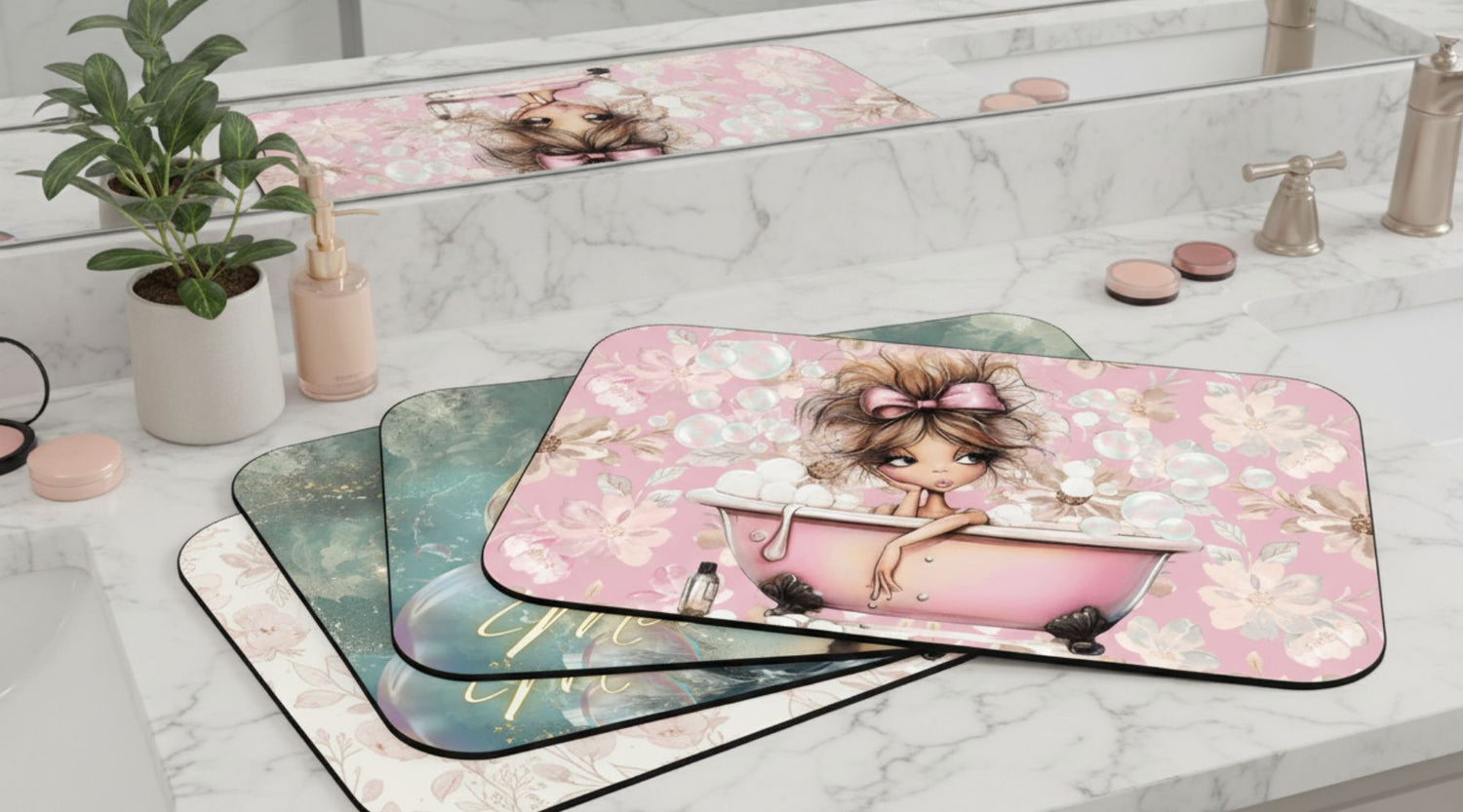 Assorted decorative makeup mats on a bathroom vanity countertop, designed to protect surfaces from makeup messes while enhancing beauty space decor