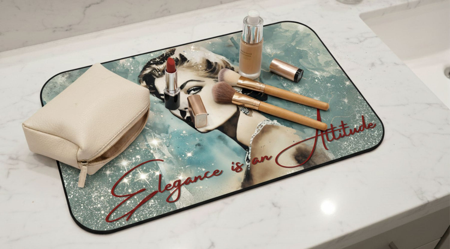 Vintage style neoprene makeup mat with non-slip edge designed to protect surfaces from makeup spills and mess