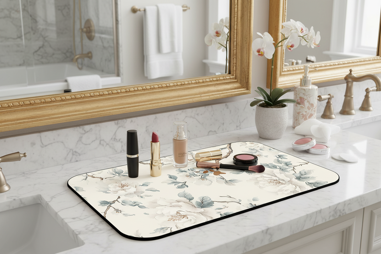 Styled countertop shot of Magnolia Mist printed makeup mat with beauty items — Nicki Glam vanity vanity space mat.