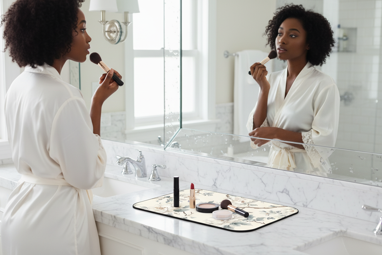 Lifestyle image of Magnolia Mist mat on bathroom counter — Nicki Glam stylish beauty mat in use.