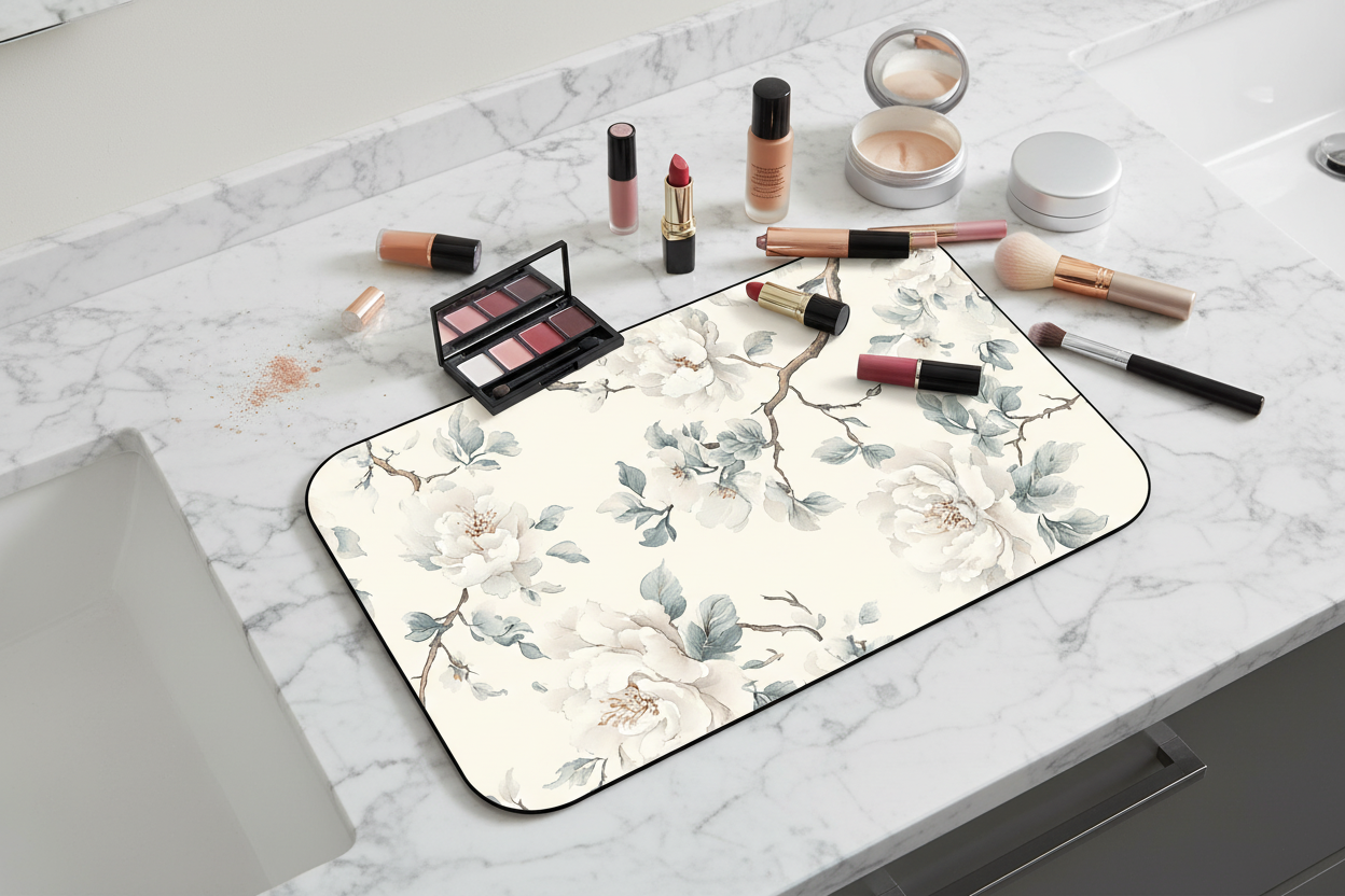 Top view of Magnolia Mist makeup mat with cosmetics — Nicki Glam floral beauty mat aesthetic.