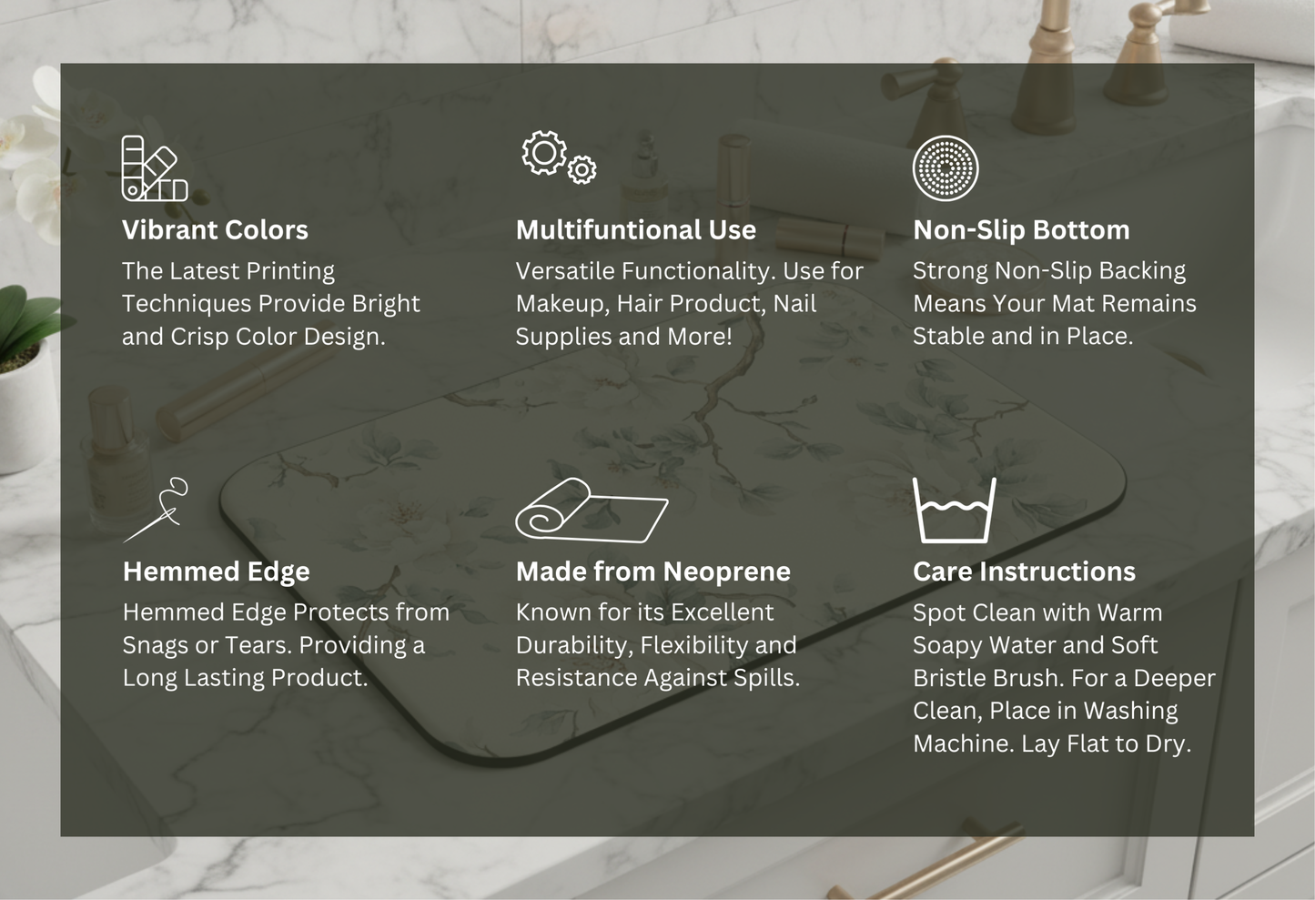 Magnolia Mist makeup mat features graphic — Nicki Glam non-slip backing, easy-clean neoprene, hemmed edge.