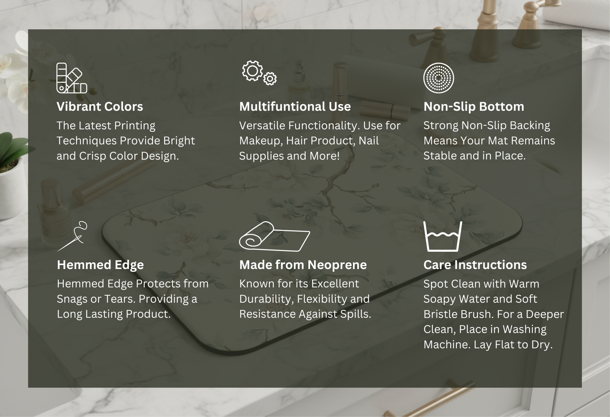 Magnolia Mist makeup mat features graphic — Nicki Glam non-slip backing, easy-clean neoprene, hemmed edge.