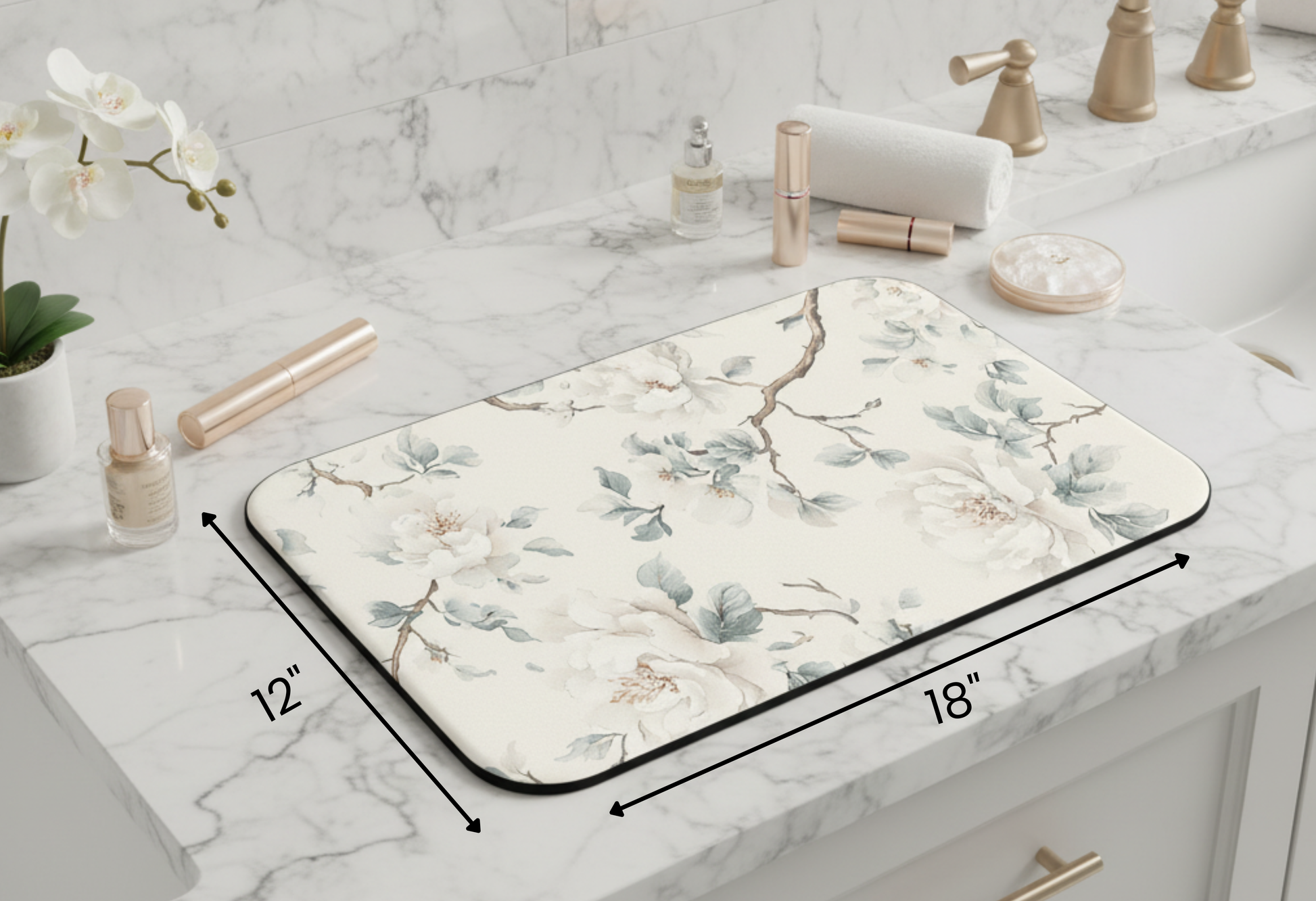 Magnolia Mist makeup mat sizing chart — Nicki Glam floral vanity mat dimensions display.