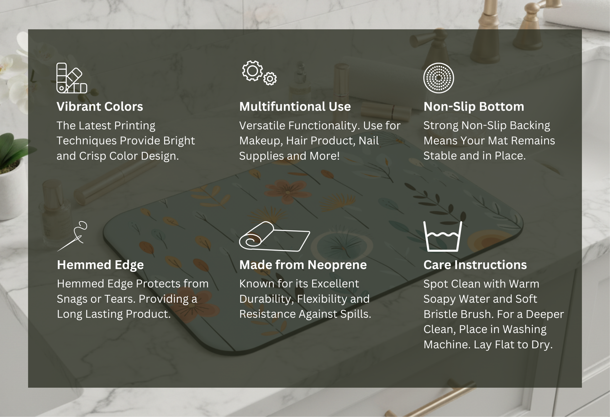 Poppy Season features graphic — Nicki Glam non-slip backing, easy-clean neoprene, hemmed edge.