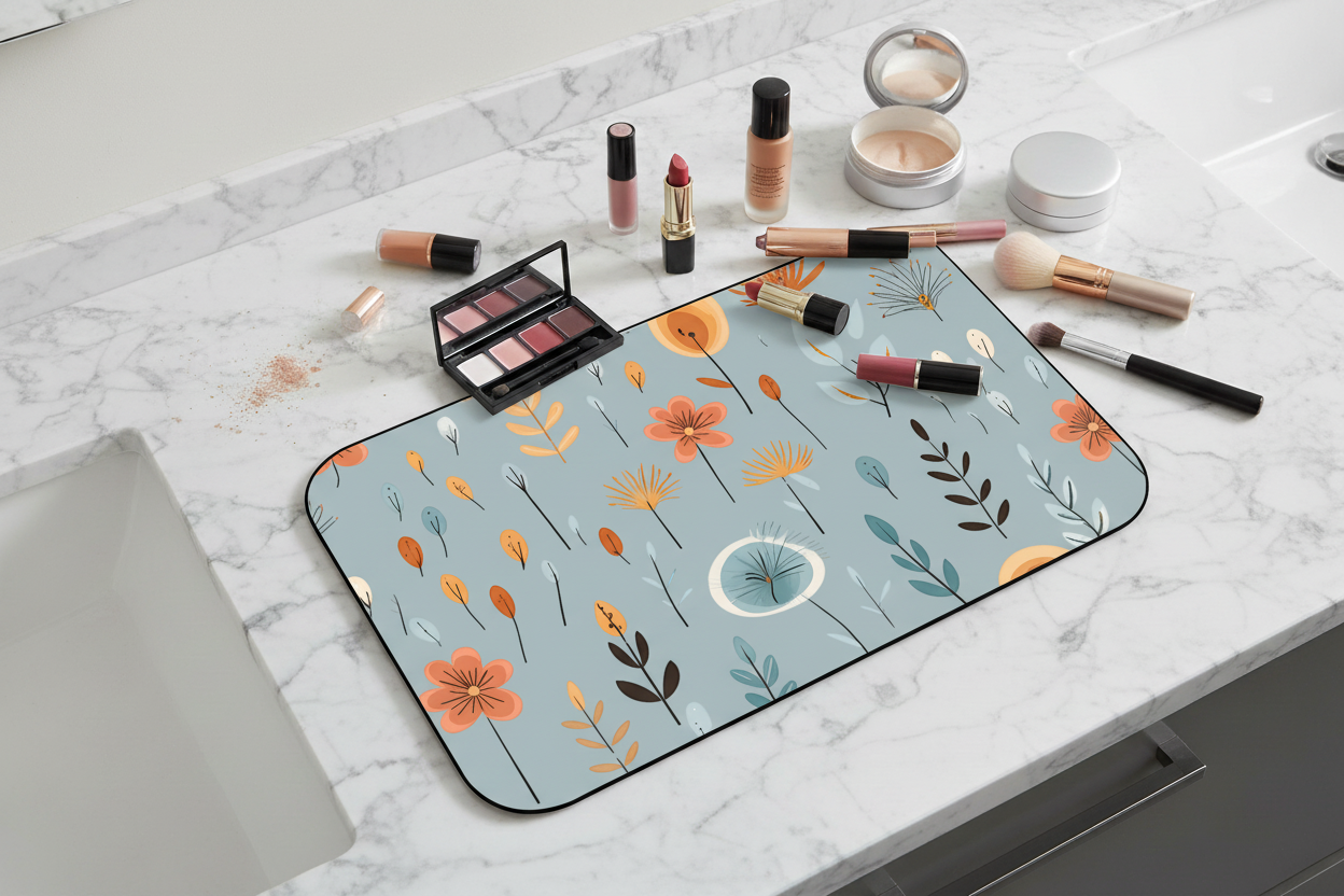 Top view of Poppy Season mat on vanity with cosmetics — Nicki Glam bright floral makeup mat.