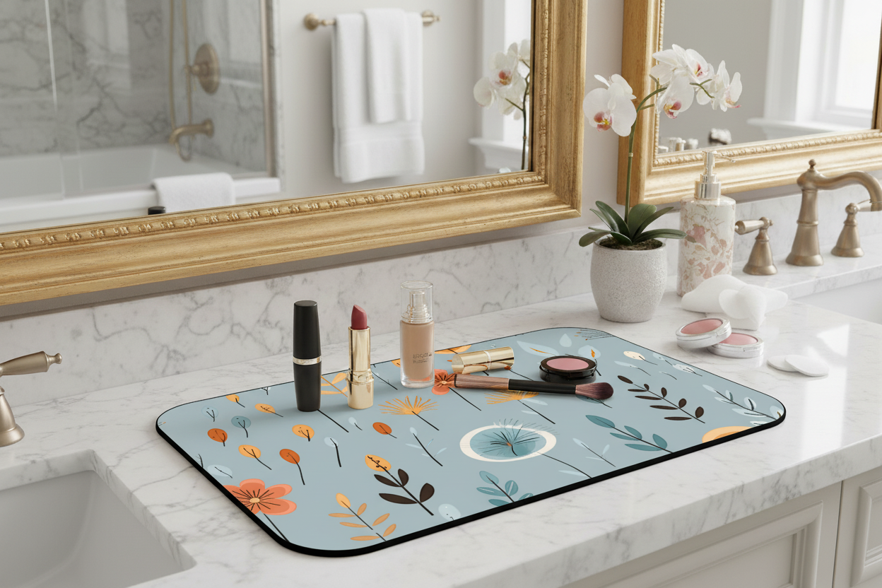 Styled countertop shot of Poppy Season printed mat with glam items — Nicki Glam bold botanical vanity space mat.