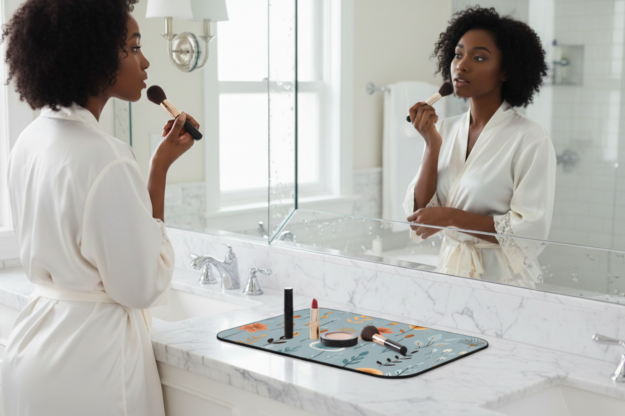 Lifestyle image of Poppy Season mat in use — Nicki Glam bold flower-themed beauty mat.