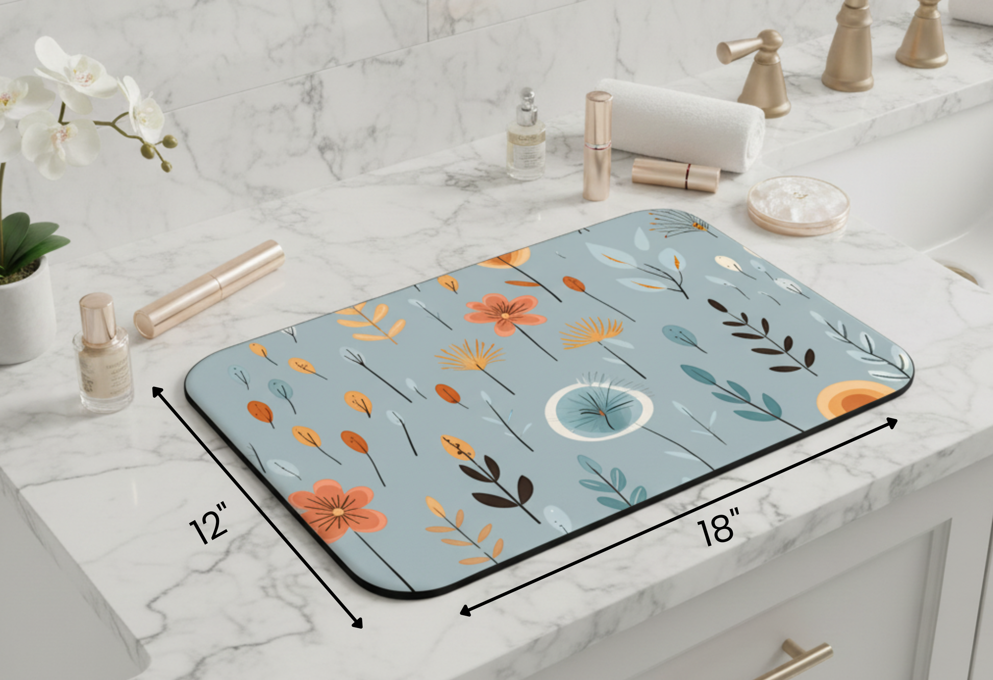 Poppy Season makeup mat size chart — Nicki Glam floral vanity mat dimensions.