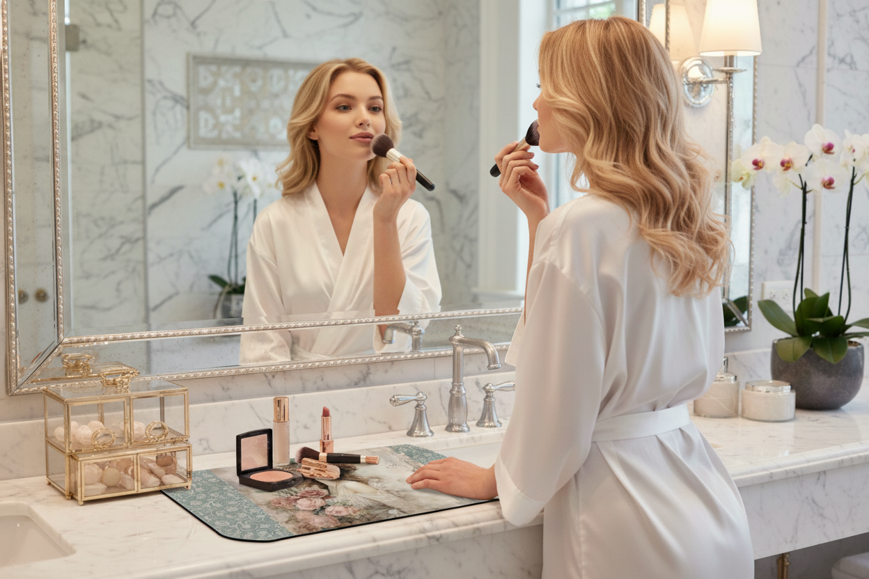 Woman applying makeup with The Art of Grace mat visible — Nicki Glam