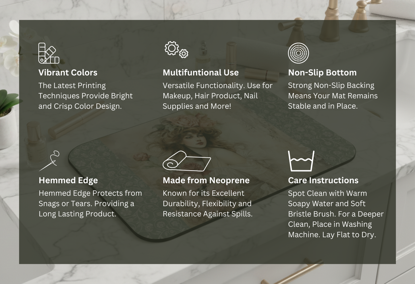 The Art of Grace mat features and care details — Nicki Glam
