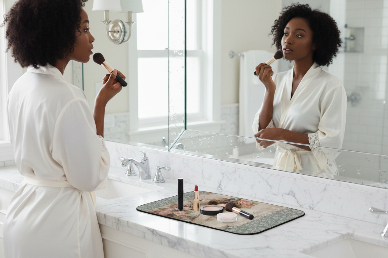 Victorian-inspired mirror lifestyle photo featuring The Art of Grace mat — Nicki Glam