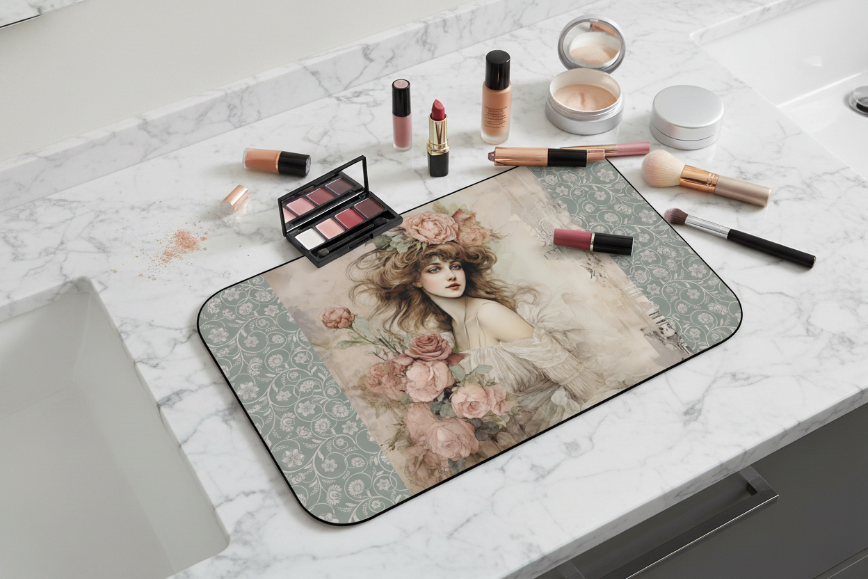 Top view of The Art of Grace mat with makeup on vanity — Nicki Glam