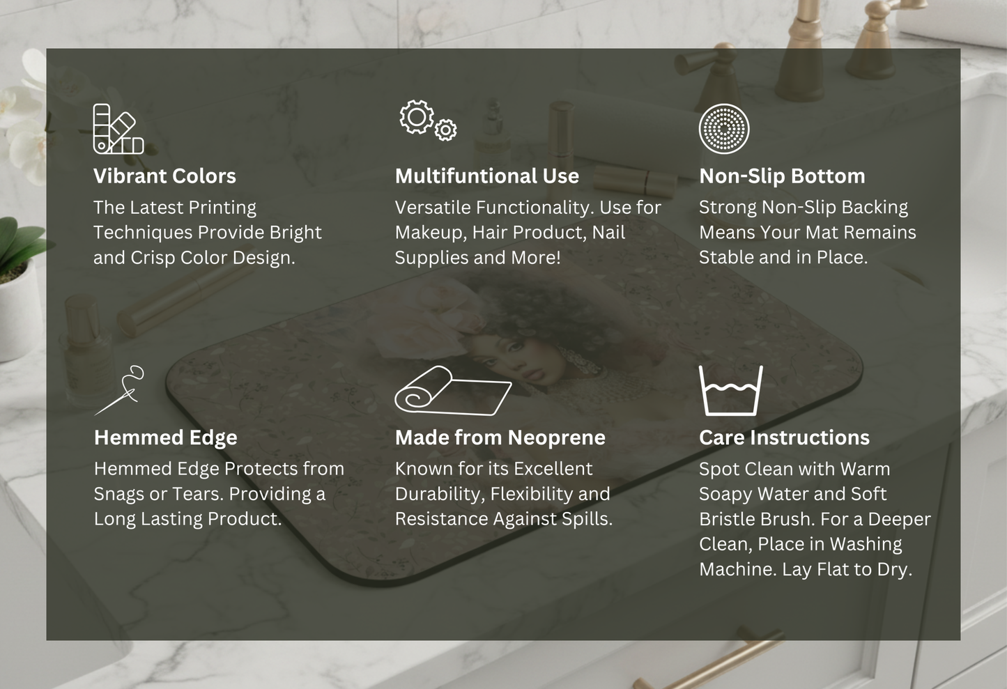 Petals and Petticoats mat care and feature icons — Nicki Glam