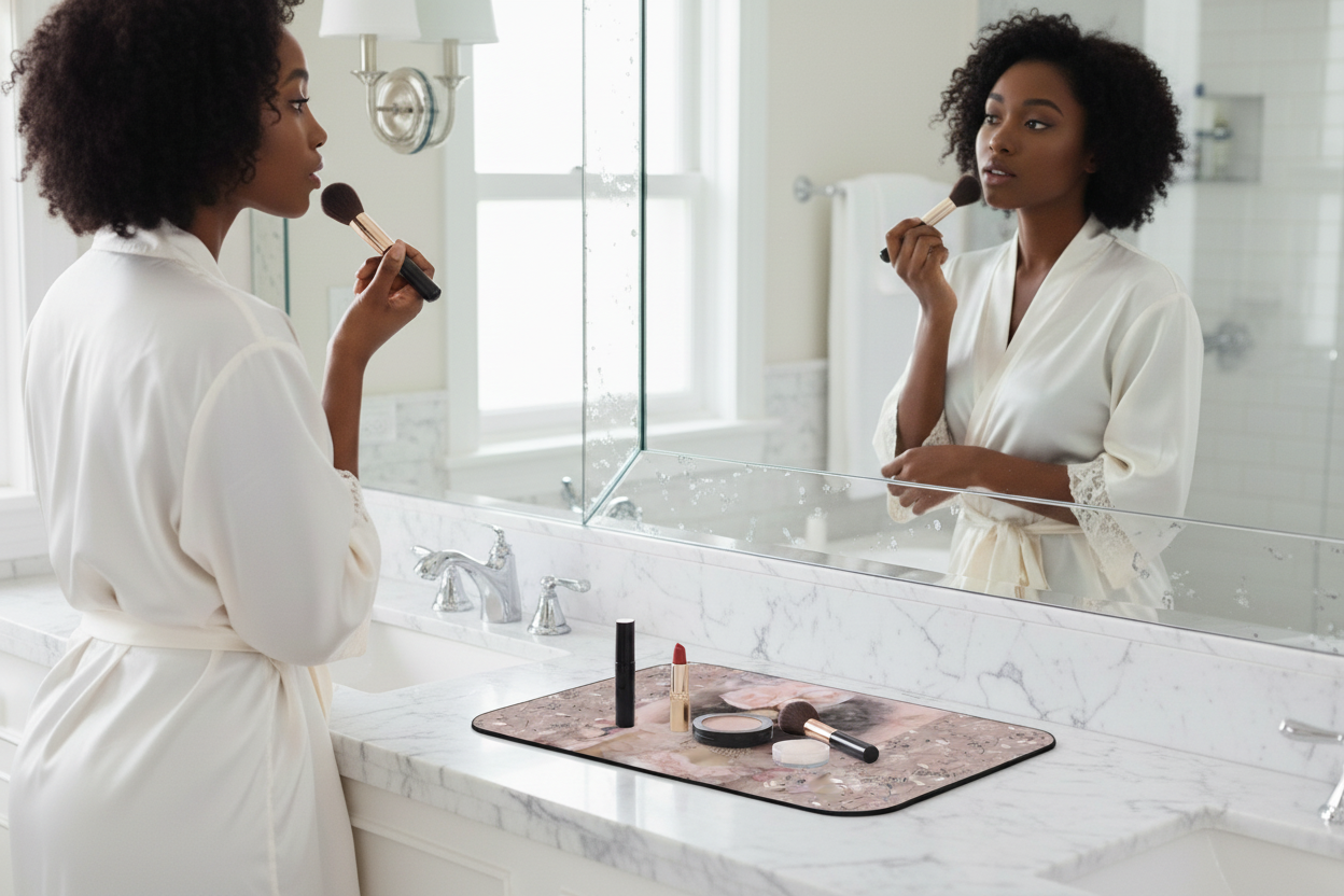 Floral Victorian mirror lifestyle image featuring Petals and Petticoats mat — Nicki Glam