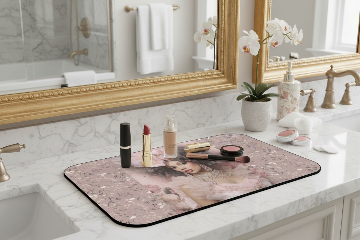 Angled vanity shot of Petals and Petticoats makeup mat — Nicki Glam