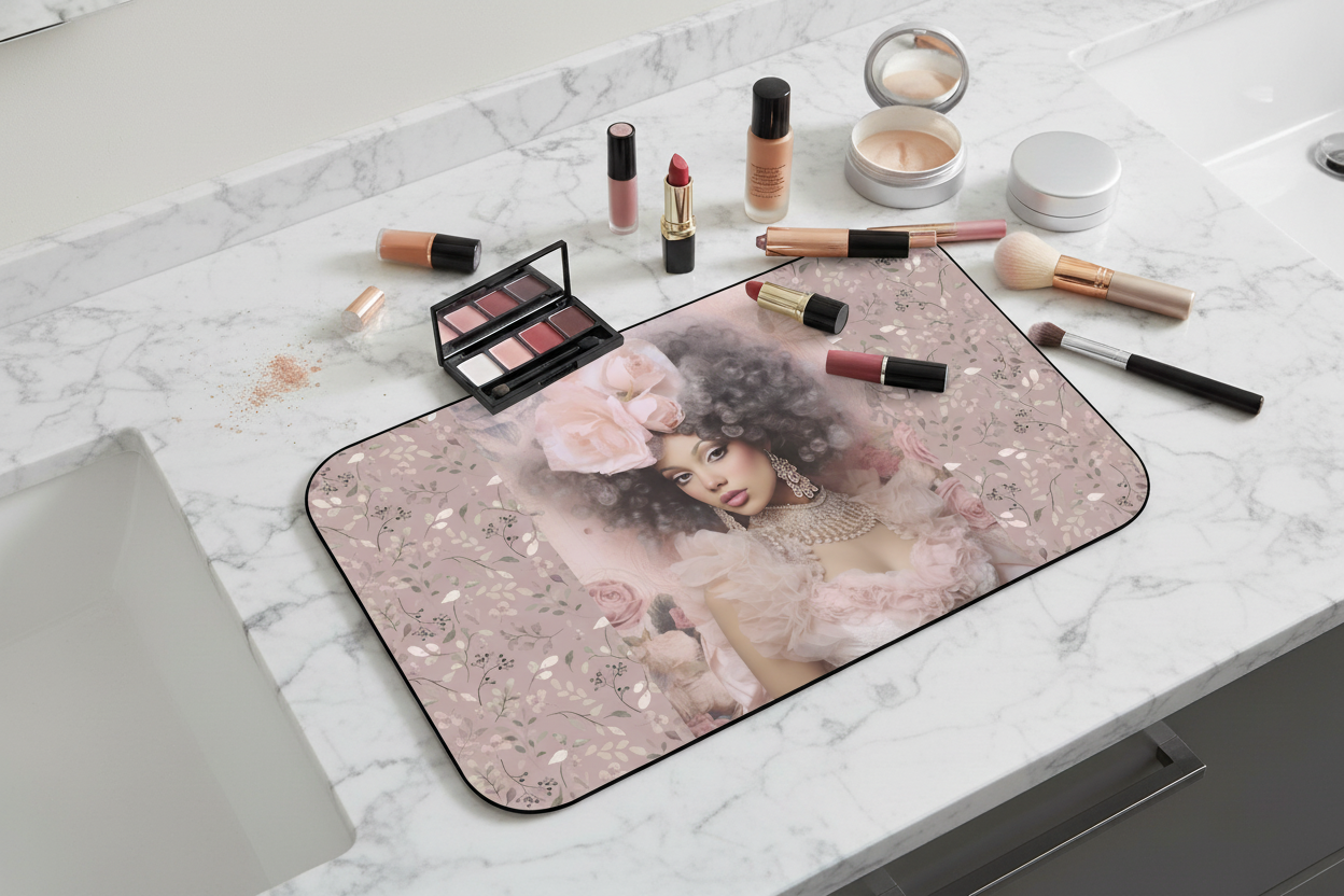 Top view of Petals and Petticoats mat with cosmetics — Nicki Glam