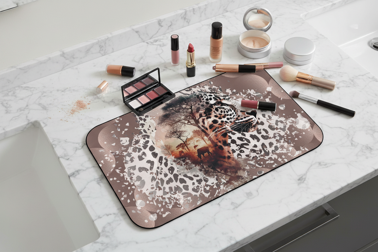 Top view of Wild Catwalk mat with cosmetics — Nicki Glam chic makeup mat.