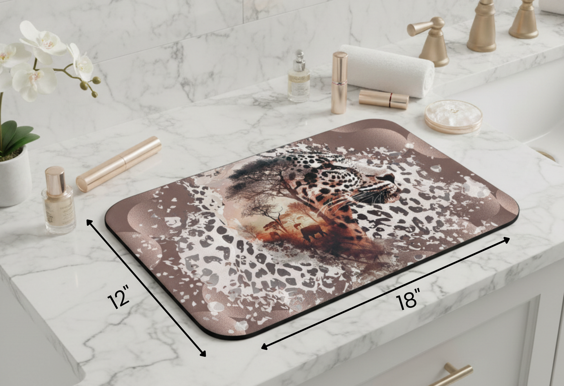 Wild Catwalk sizing graphic — Nicki Glam runway vanity mat dimensions.