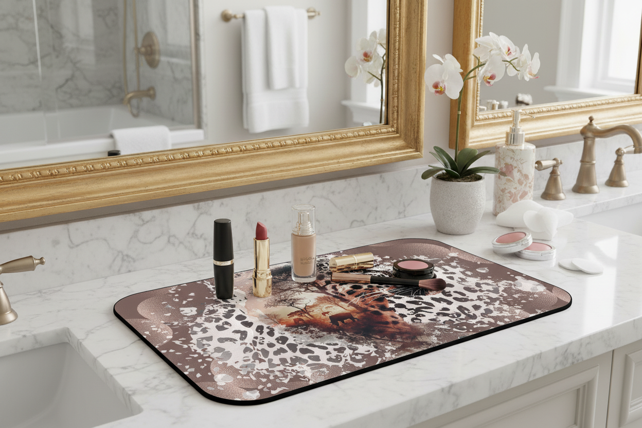 Styled countertop shot of Wild Catwalk printed mat — Nicki Glam fashion animal vanity space mat.