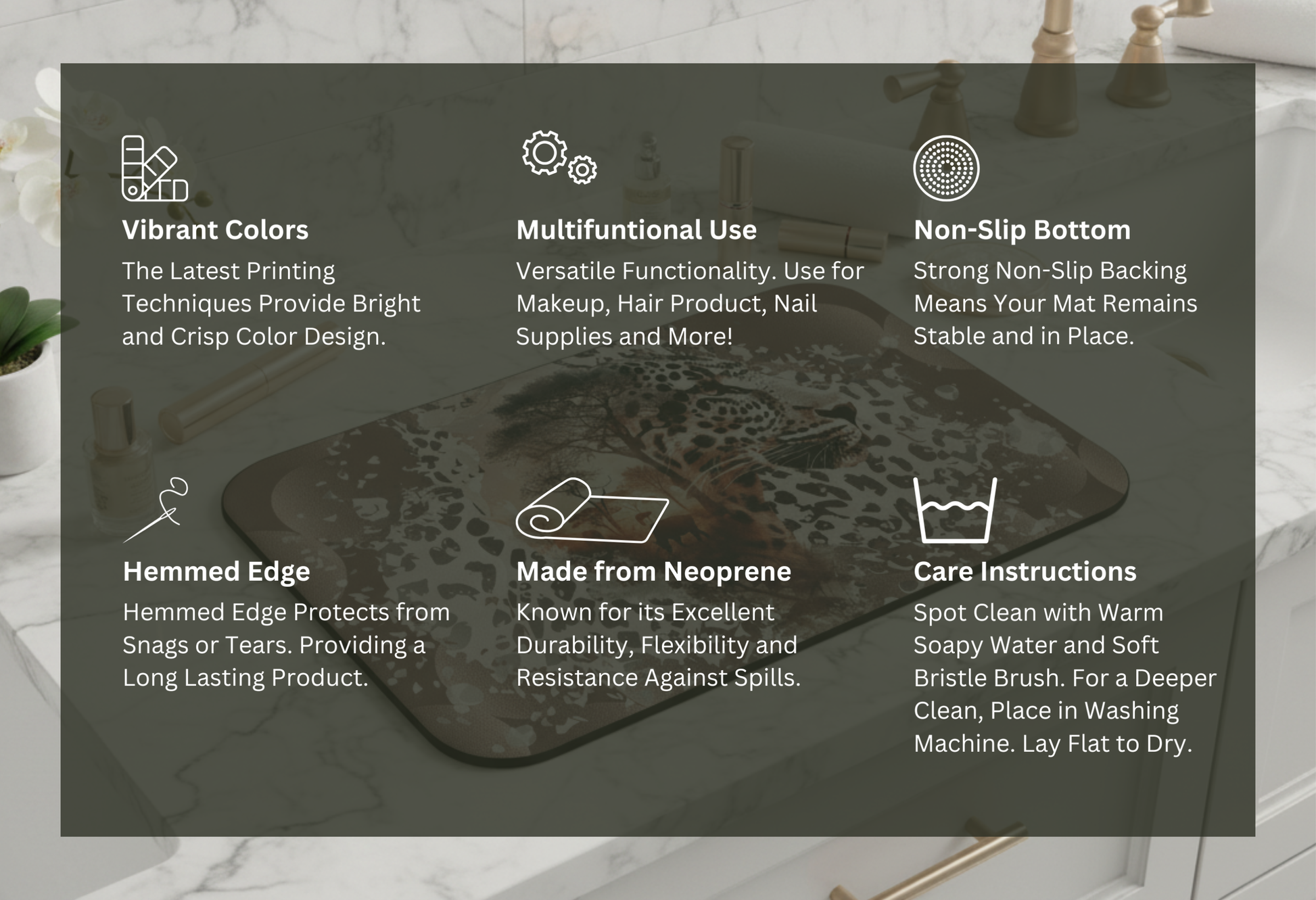 Wild Catwalk features graphic — Nicki Glam non-slip backing, easy-clean neoprene, hemmed edge.