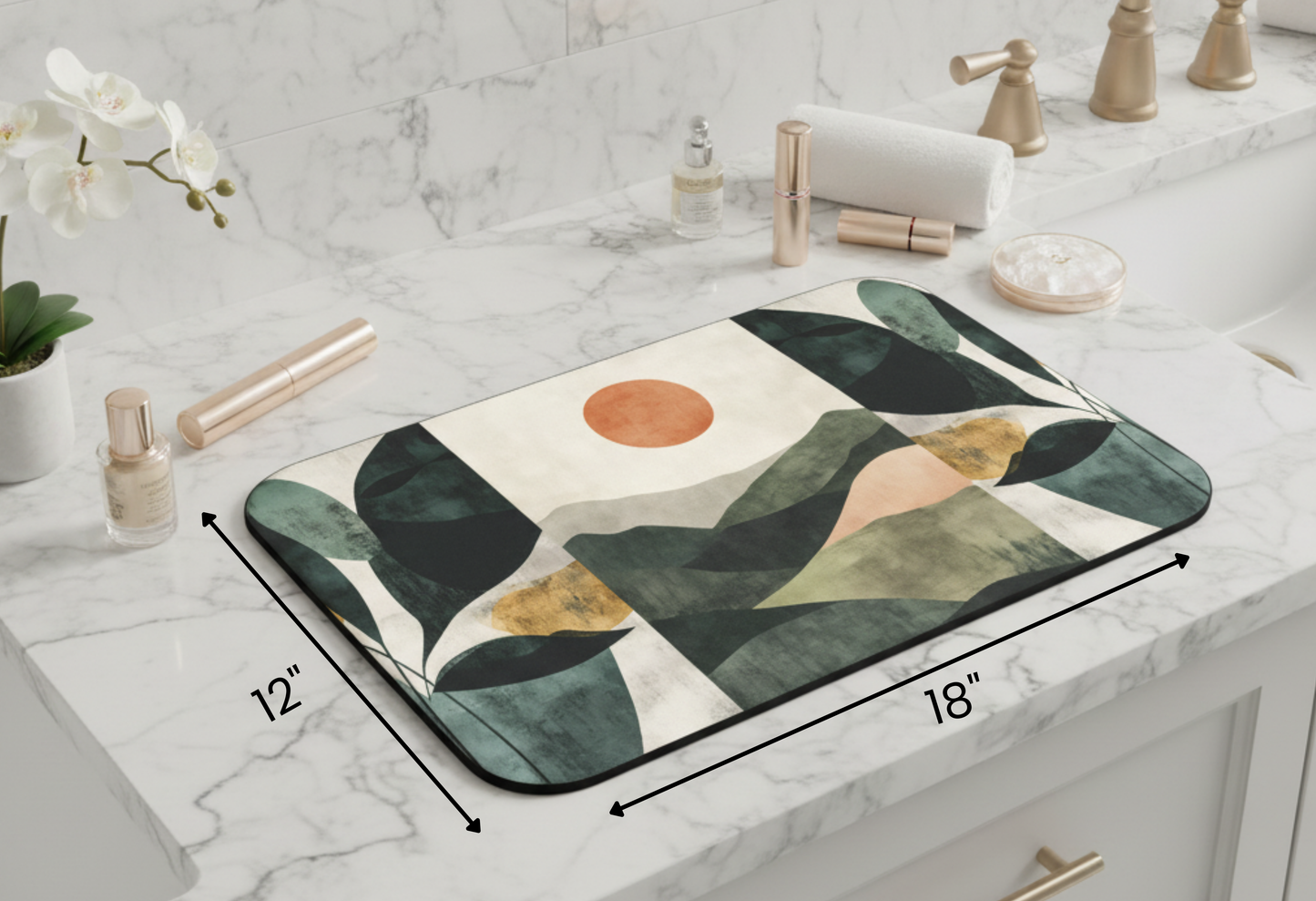 The Quiet Valley sizing graphic — Nicki Glam scenic vanity mat dimensions.