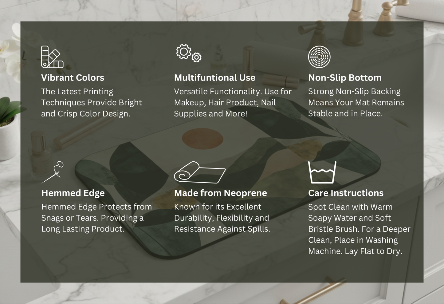 The Quiet Valley features graphic — Nicki Glam non-slip backing, easy-clean neoprene, hemmed edge.