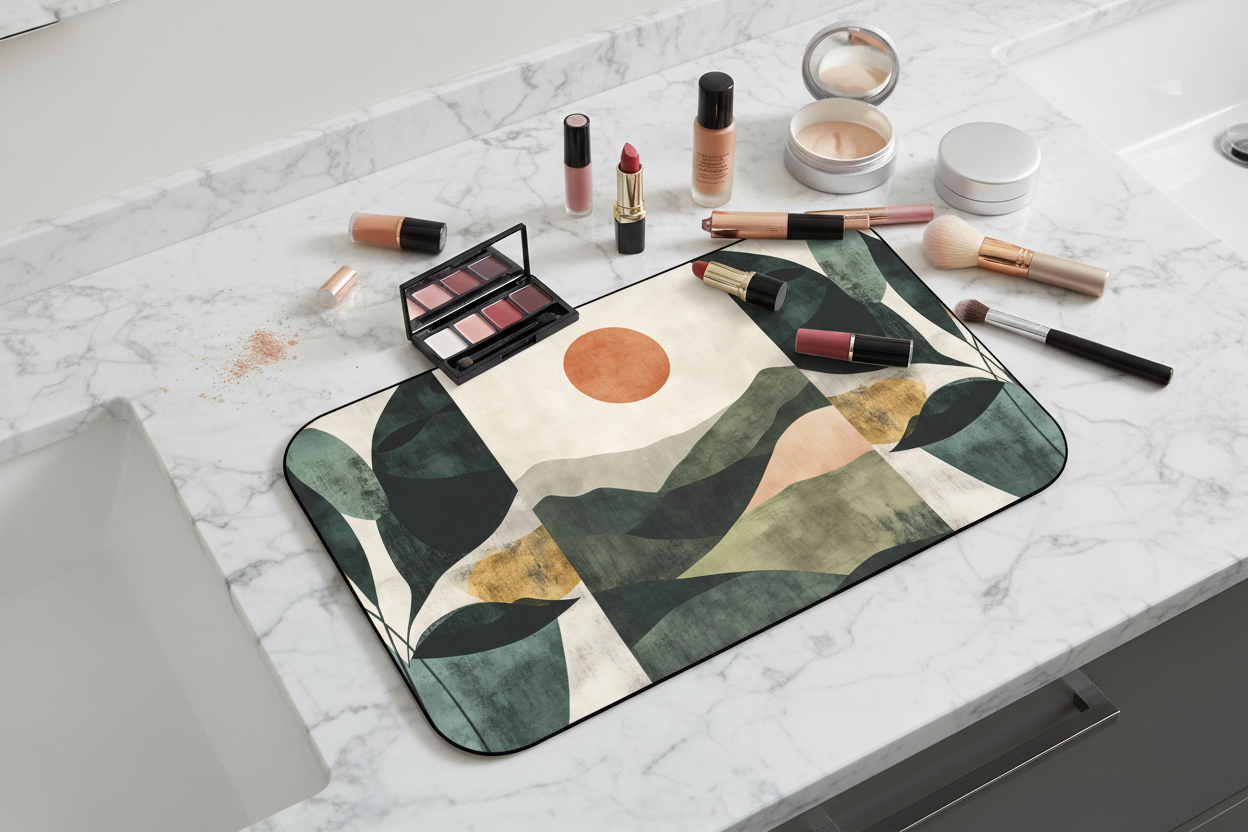 Top view of The Quiet Valley mat with cosmetics — Nicki Glam calm vanity mat.
