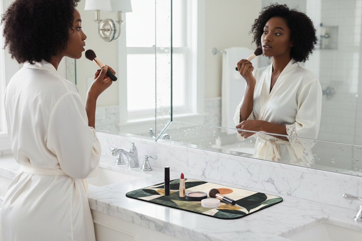 Lifestyle image of The Quiet Valley mat — Nicki Glam countryside-inspired beauty mat.