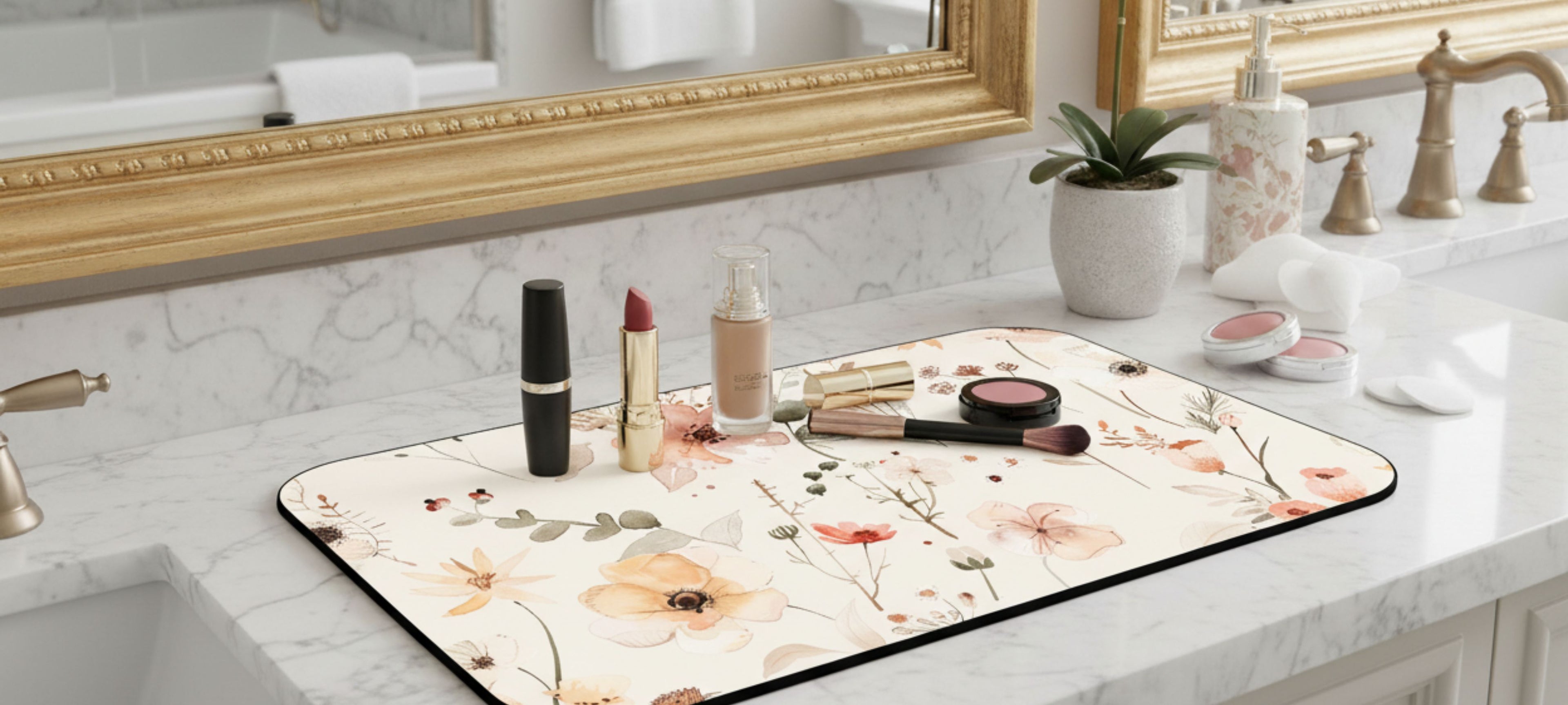 Nicki Glam vanity makeup mat protects bathroom countertops from makeup residue and spills
